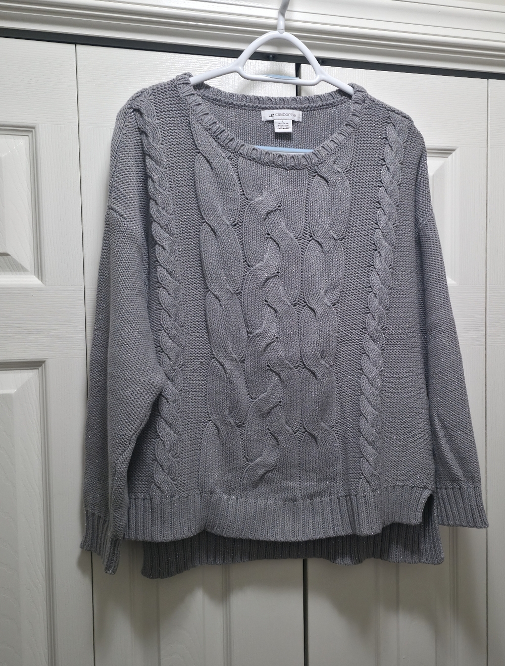 Liz Claiborne Cable Knit Crewneck Sweater - Light Gray Women's L